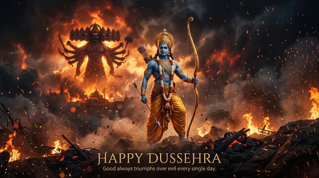 Happy Dussehra festival illustration of Lord Rama with bow and arrow, victory over Ravana