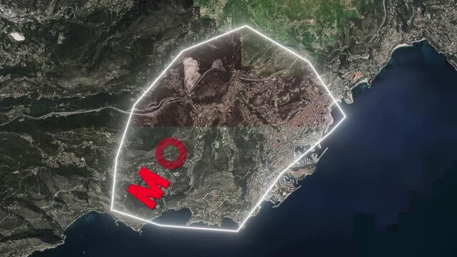 3D Animated Map of Monaco Highlighting Country Flag, Topography, and French Riviera Coastline