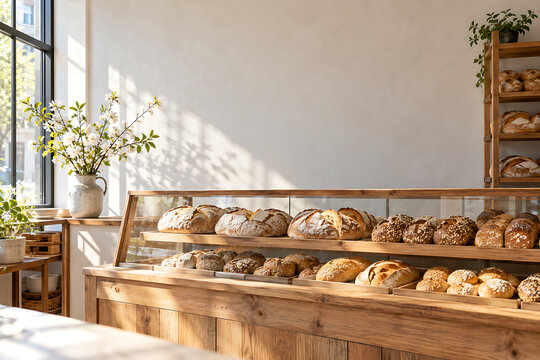 Bread display in an empty bakery with spring blossoms