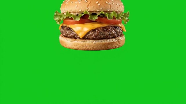 Burger floating upward in green screen, seamless loop.