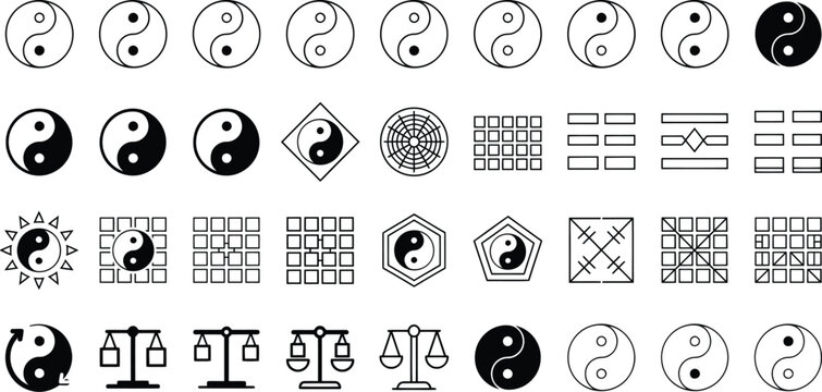 Ancient chinese philosophy yin yang symbols set with bagua trigrams and balance scales iconography.