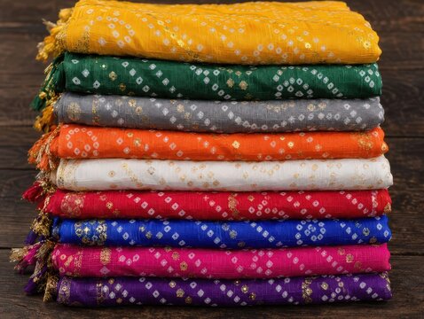Stacked nine Navratri color dupattas in yellow green grey orange white red blue pink purple