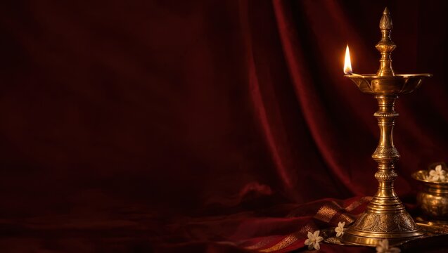 Tall brass deepak lamp with flame on right edge with maroon silk drape copy space left
