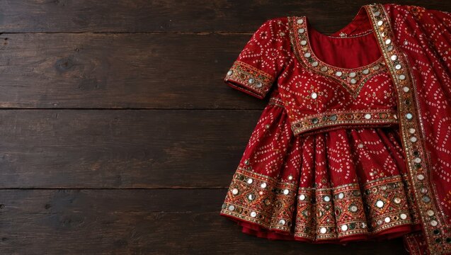 Folded red bandhani chaniya choli with mirror-work on right with copy space left