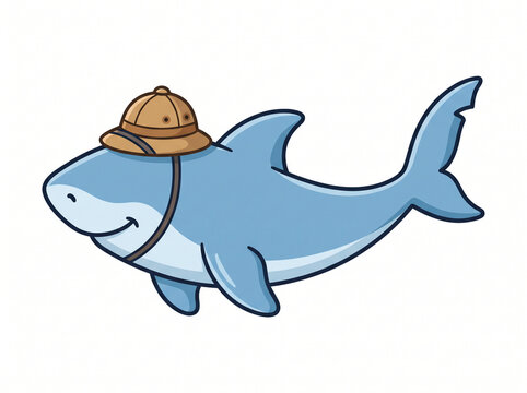 A cute cartoon blue shark wears a brown pith helmet against a plain white background.
