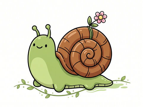 A cute cartoon green snail with a brown shell carries a small pink flower on its back.