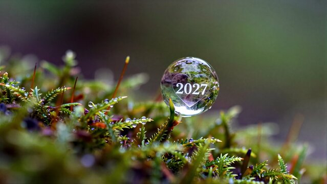 A clear droplet on moss reflects 2027 inside a heart shape, symbolizing new beginnings.