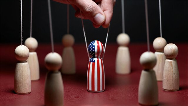Hand controls puppet with American flag design, surrounded by plain wooden figures.
