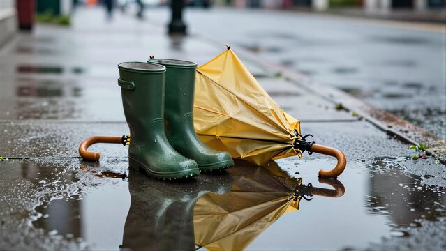Green boots and yellow umbrella rest on wet pavement, reflecting in puddle.