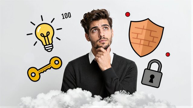 A man thinks about security, encryption, and innovation with lightbulb, key, shield symbols.