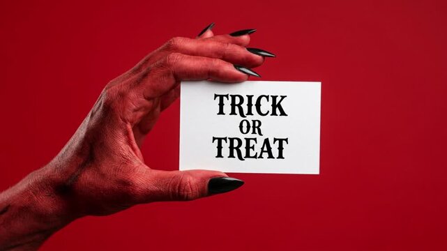 Red devil hand with black nails holding a white 'TRICK OR TREAT' card against a solid red background. Minimalist Halloween concept