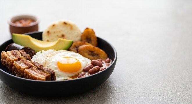 Traditional Colombian Bandeja Paisa with egg, avocado, meat and beans