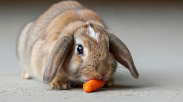 Tan rabbit with floppy ears eats a small carrot against a blurred gray backdrop