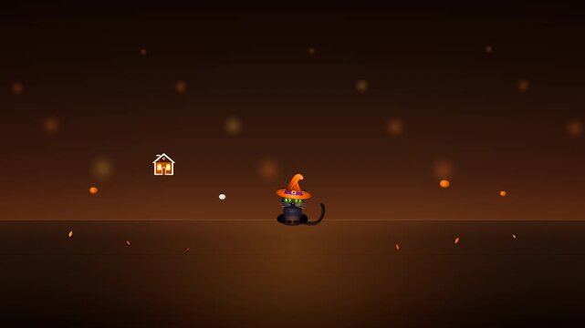 Spooky halloween black cat animation loop with pixel art pattern
