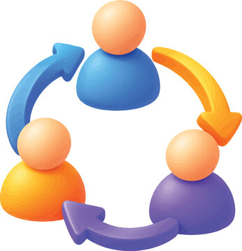 Team collaboration icon with colorful user avatars and circular arrows, teamwork and communication concept 3d vector illustration