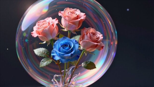 Pink roses and a blue rose inside a glowing, iridescent bubble.