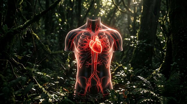 Glowing human heart and circulatory system inside a dark forest