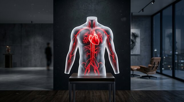 Anatomical human torso model with glowing cardiovascular system