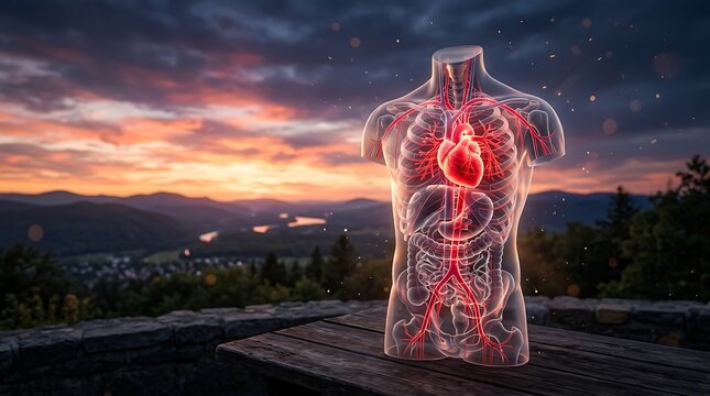 Glowing human anatomy torso with heart on wooden table at sunset
