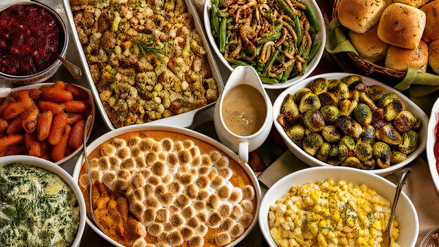 Thanksgiving side dishes flat lay from above