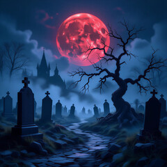 Fototapeta premium spooky graveyard scene under a glowing red blood moon and a misty, dark blue night sky