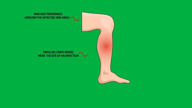 Medical vector animation displaying a human leg with diffuse lower limb skin infection and acute spreading inflammation[cite: 26], highlighting symptoms like localized redness, swelling