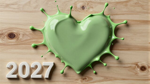 Green paint heart splat on wood, year 2027 boldly displayed.