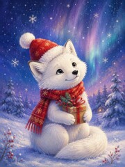 Fototapeta premium Cute white fox holding Christmas gift beneath northern lights