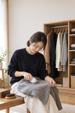 セーターの毛玉を取り長く大切に着る女性