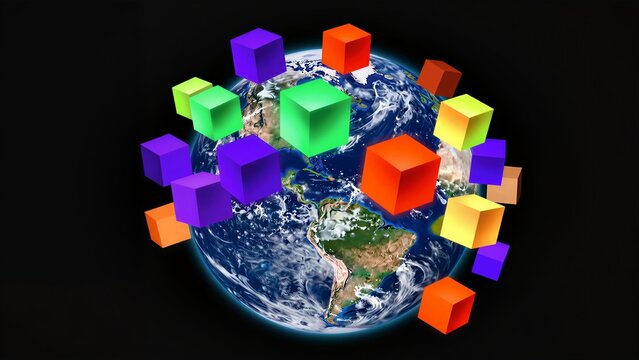 Vibrant cubes explode around Earth, symbolizing digital innovation and global connectivity.
