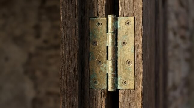 Antique metal hinge on rustic wood.