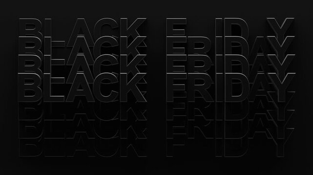 Repeating pattern of Black Friday text with dark shadows popping out of dark background. 3d render graphic of patterned pop out Black Friday text. Black Friday advertisement for the shopping holiday.