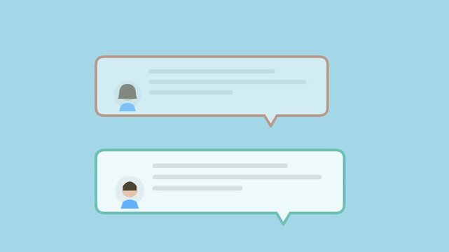 Minimalist Flat Vector Illustration of Online Chat Bubble Conversation with User Avatars on Light Blue Background