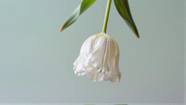 A single white tulip droops gracefully, its petals soft and delicate against a muted background.