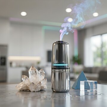 Silver ultrasonic aroma diffuser emitting colorful mist with quartz crystal and geometric shapes