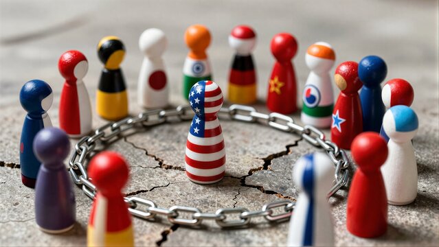 Global leaders in chains, symbolizing trade tensions and geopolitical isolation.