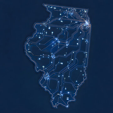 Illinois State Map as Blue Motherboard with Copper Traces and Glowing Nodes