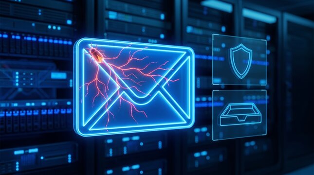 Glowing neon blue email envelope infected by red bug malware in data center with server racks shield and inbox icons representing cybersecurity phishing and email protection