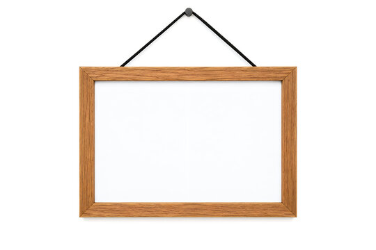 Blank whiteboard with wooden frame hanging cut out on white background
