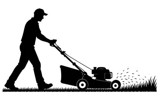 Man using lawn mower silhouette vector illustration