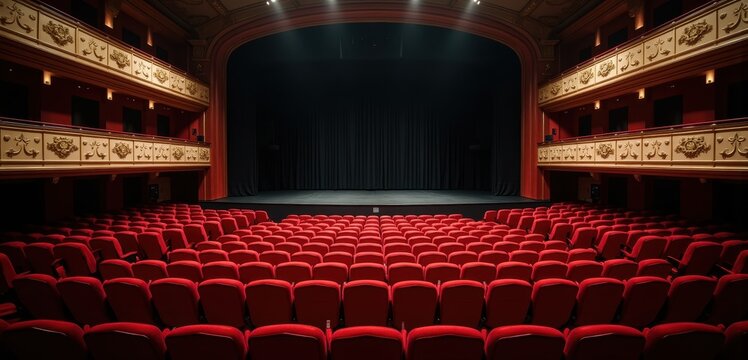 Empty opera theater has red seats, balconies and a dark stage. Concept of theatre websites, event ticketing, cultural festival posters, cinema ads, and arts blogs.