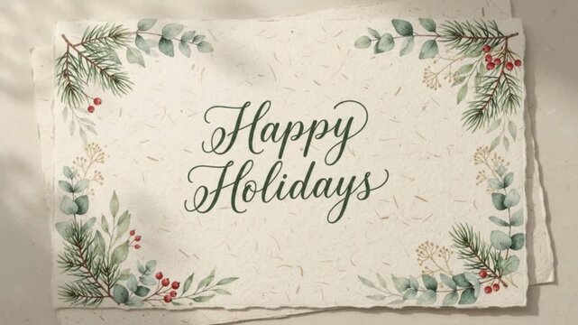 Happy holidays script appearing on botanical paper card