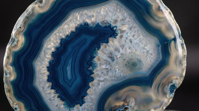 Blue and white polished agate crystal cross section.