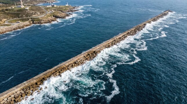 Aerial view of stone breakwater stretching into blue ocean.