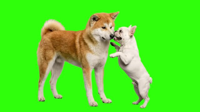 Red Akita Inu dog standing while a white French Bulldog puppy jumps up to touch its face on a chroma key green background. Excellent for dog breeding promos, pet interaction commercials, veterinary ad