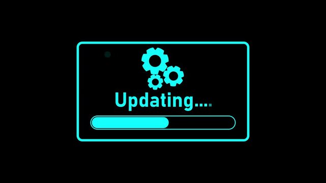 Futuristic neon software updating screen featuring glowing cyan gears, an &ldquo;Updating&rdquo; status message, and a progress bar on a dark background.