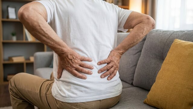 Person sitting on a couch suffering from severe lower back pain in a living room