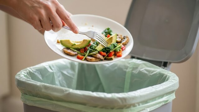 Person throwing away fresh salad from a white plate into a trash can