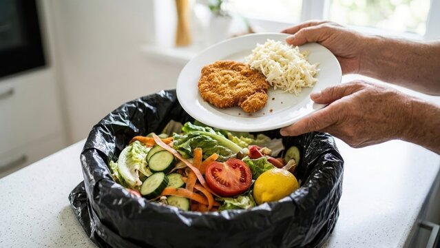 Person throwing away leftover cooked food on a plate into a black garbage bin indoors