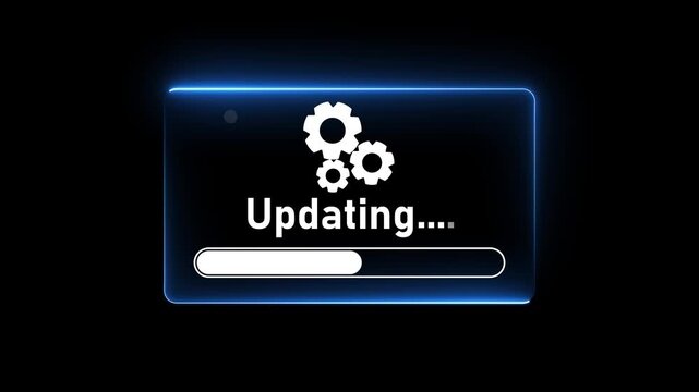 Futuristic neon software updating screen featuring glowing cyan gears, an &ldquo;Updating&rdquo; status message, and a progress bar on a dark background.
